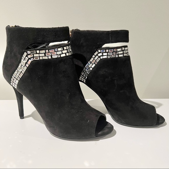 NINE WEST Black Suede Rhinestone Peep-Toe Ankle Boots - Picture 3 of 8